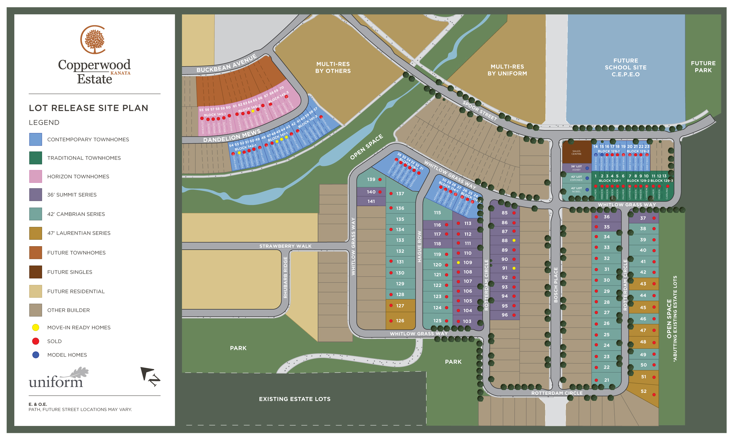 Copperwood Estate site plan showing home types, lot availability, parks, open spaces and a future school site.