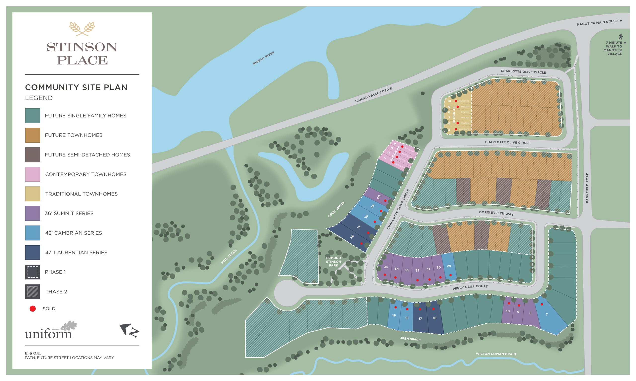Stinson Place site plan showing home types, sold lots, development phases and green spaces near the Rideau River.